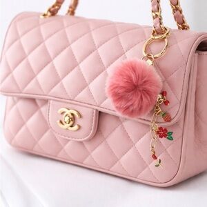 Pink Pom Pom Keychain with Strawberry & Flower Charms